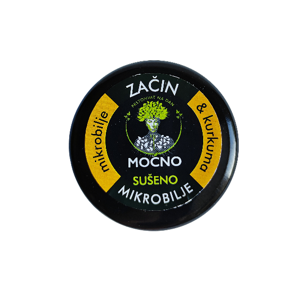 MOĆNO Turmeric dried microgreens seasoning jar with yellow accent label, front view