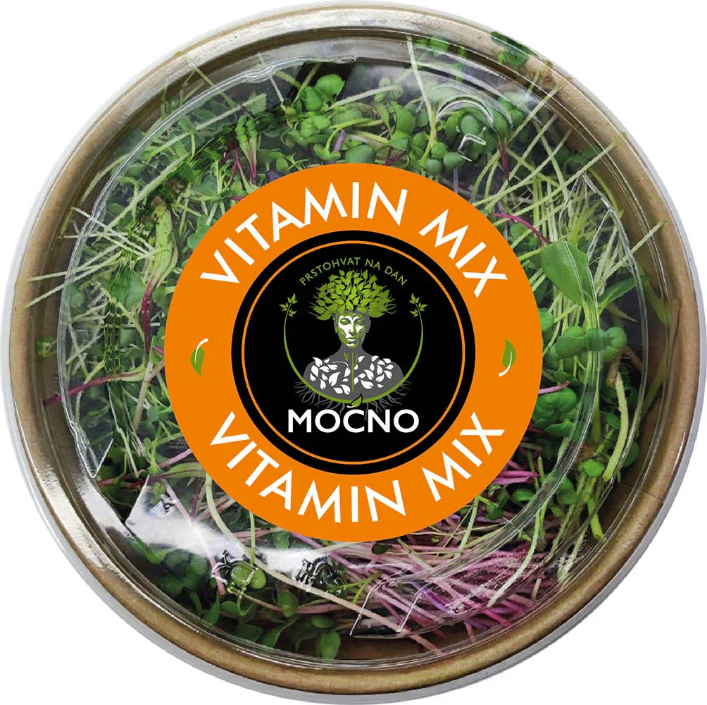 MOĆNO Vitamin Mix fresh microgreens tub with gold label, front view